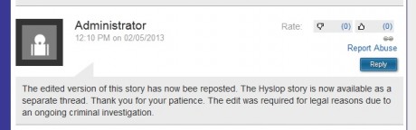 We can't say for certain that this comment was really posted by a Scotsman administrator. But it seems implausible that even the Scotsman would be so inept to let a user sign up with the name "Administrator", and if it was fake it would still leave the question of why the passages were removed. scotsmanadmin